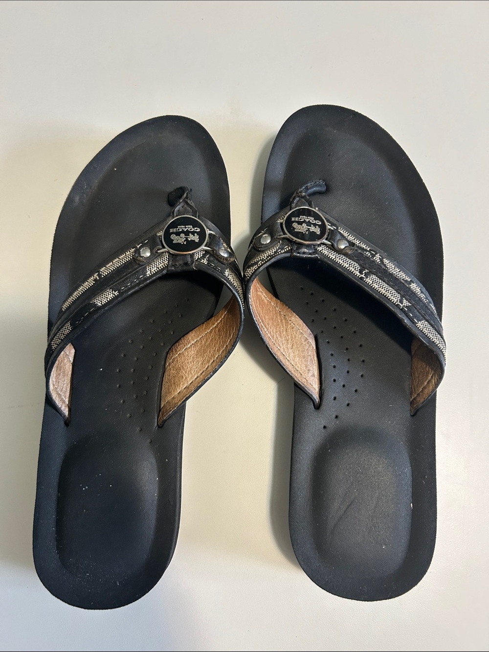 Coach Black Signature Monogram Thong Sandals